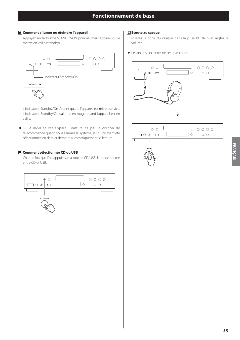 Fonctionnement de base | Teac CD-P650 User Manual | Page 35 / 76