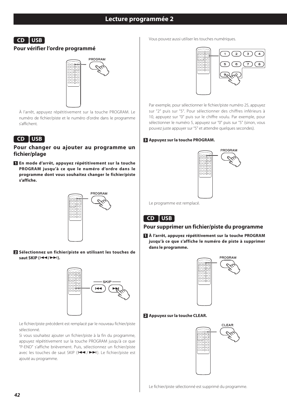 Lecture programmée 2, Usb pour vérifier l’ordre programmé, Usb pour supprimer un fichier/piste du programme | Teac CD-P650 User Manual | Page 42 / 76