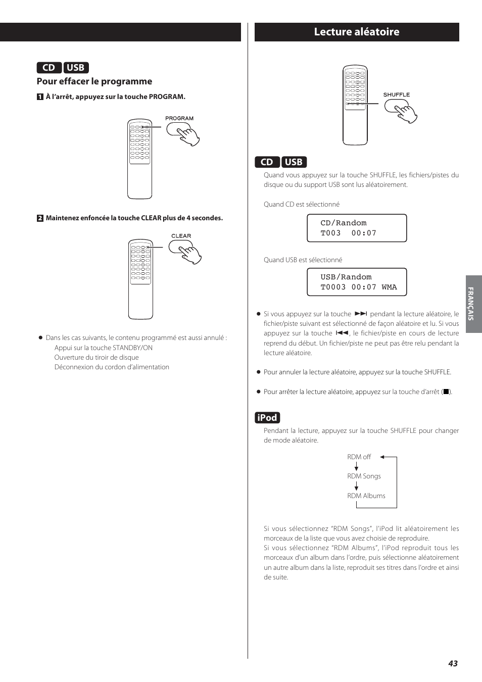 Lecture aléatoire, Ipod, Usb pour effacer le programme | Teac CD-P650 User Manual | Page 43 / 76