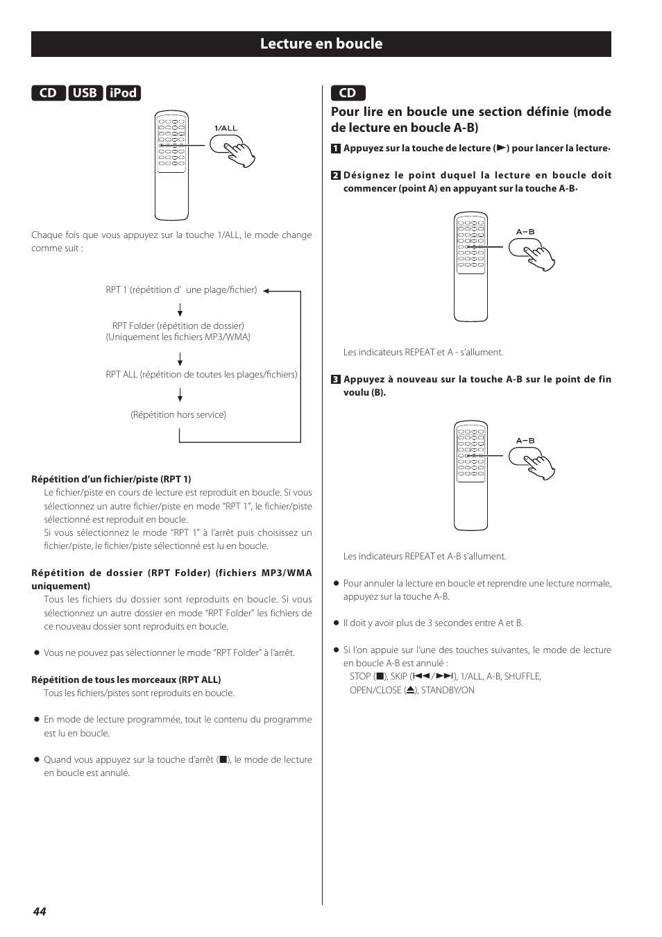 Lecture en boucle, Ipod | Teac CD-P650 User Manual | Page 44 / 76