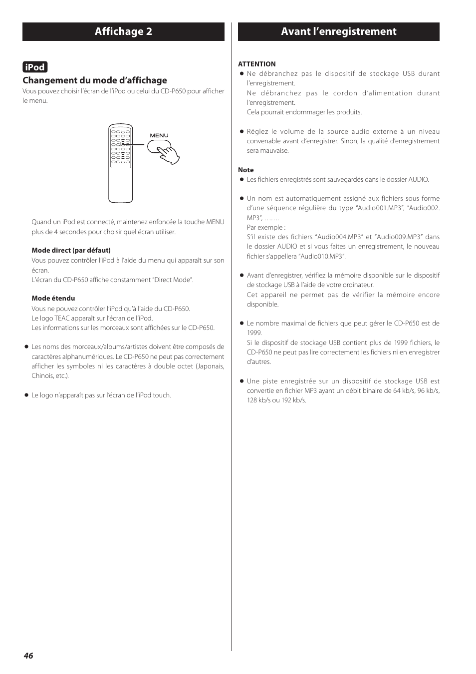 Affichage 2 avant l’enregistrement, Ipod, Changement du mode d’affichage | Teac CD-P650 User Manual | Page 46 / 76