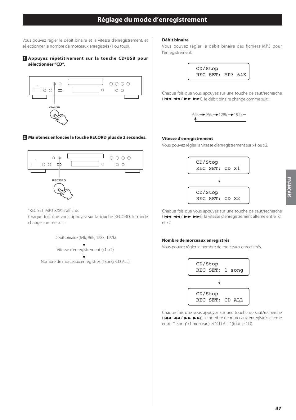 Réglage du mode d’enregistrement | Teac CD-P650 User Manual | Page 47 / 76