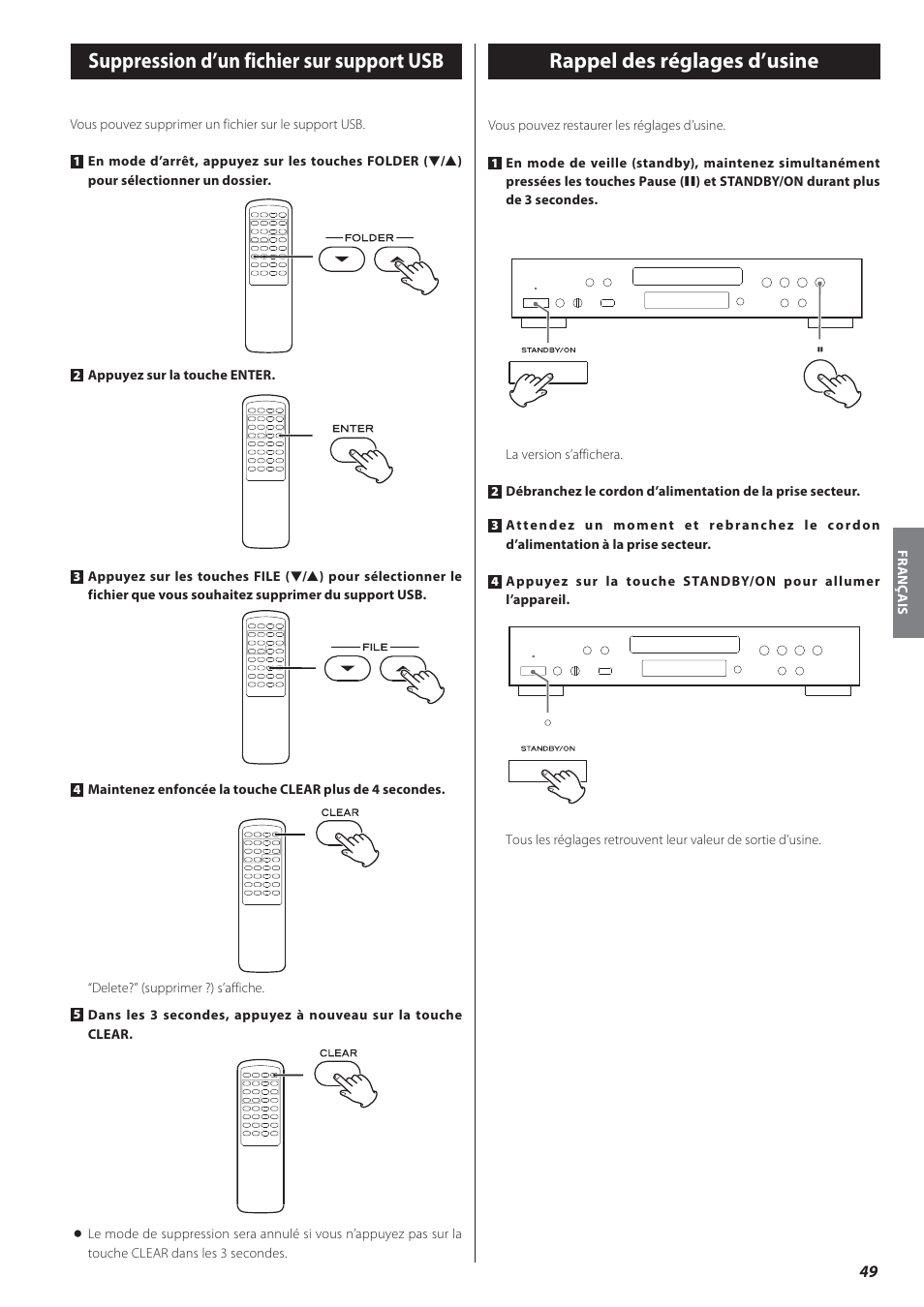 Suppression d’un fichier sur support usb, Rappel des réglages d’usine | Teac CD-P650 User Manual | Page 49 / 76