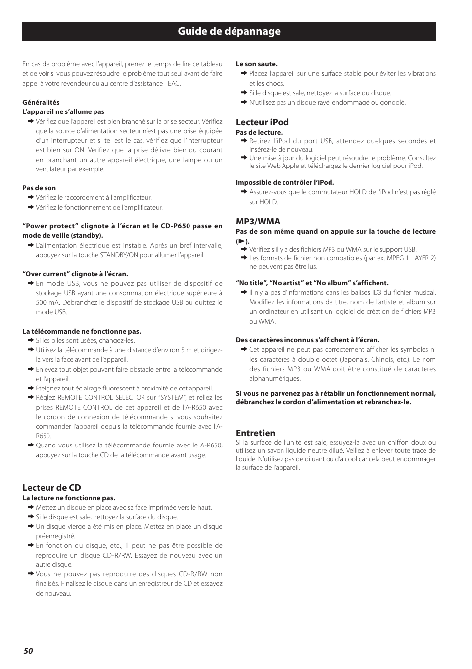 Guide de dépannage, Lecteur de cd, Lecteur ipod | Mp3/wma, Entretien | Teac CD-P650 User Manual | Page 50 / 76