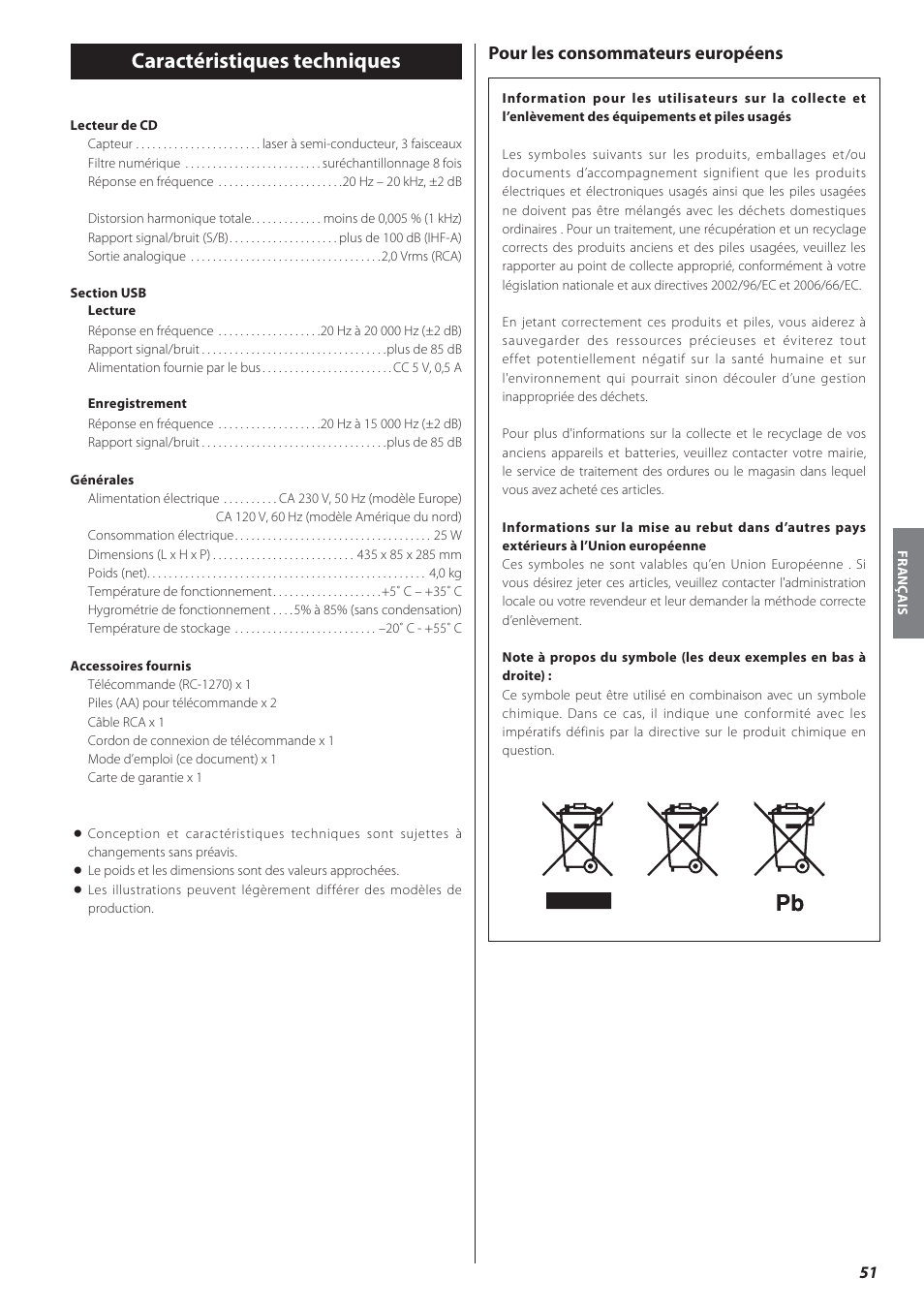 Caractéristiques techniques, Pour les consommateurs européens | Teac CD-P650 User Manual | Page 51 / 76