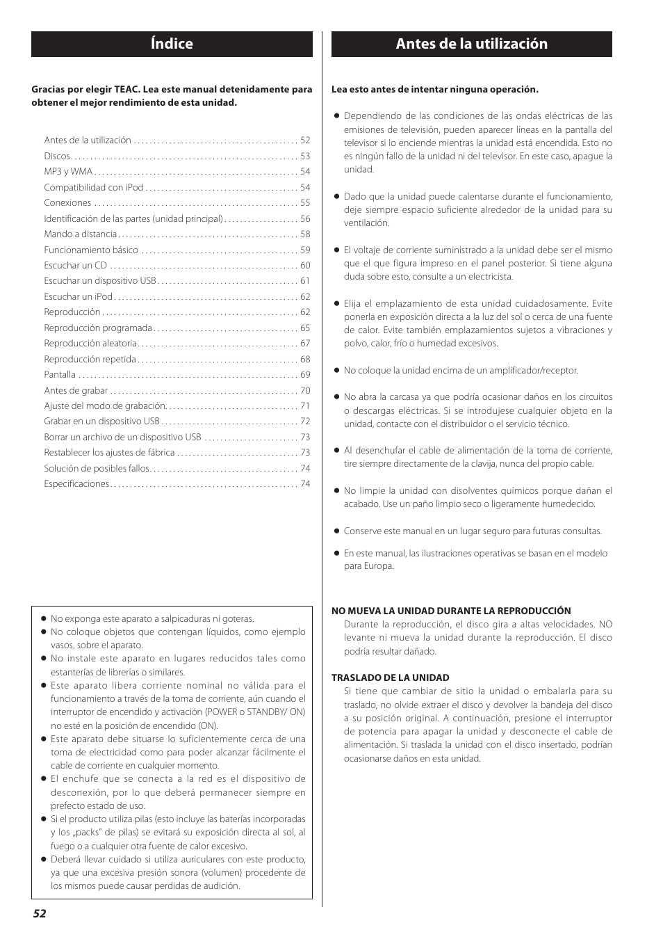Antes de la utilización, Índice | Teac CD-P650 User Manual | Page 52 / 76