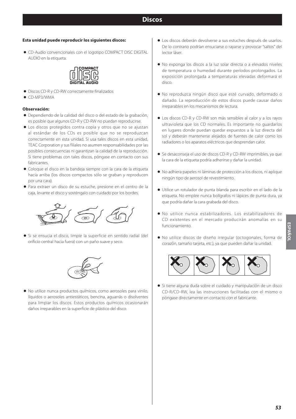 Discos | Teac CD-P650 User Manual | Page 53 / 76
