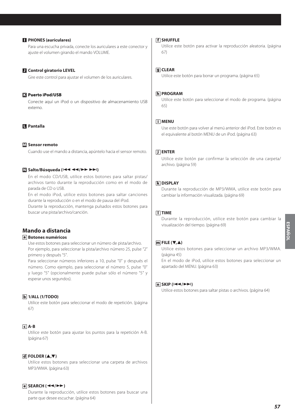 Mando a distancia | Teac CD-P650 User Manual | Page 57 / 76
