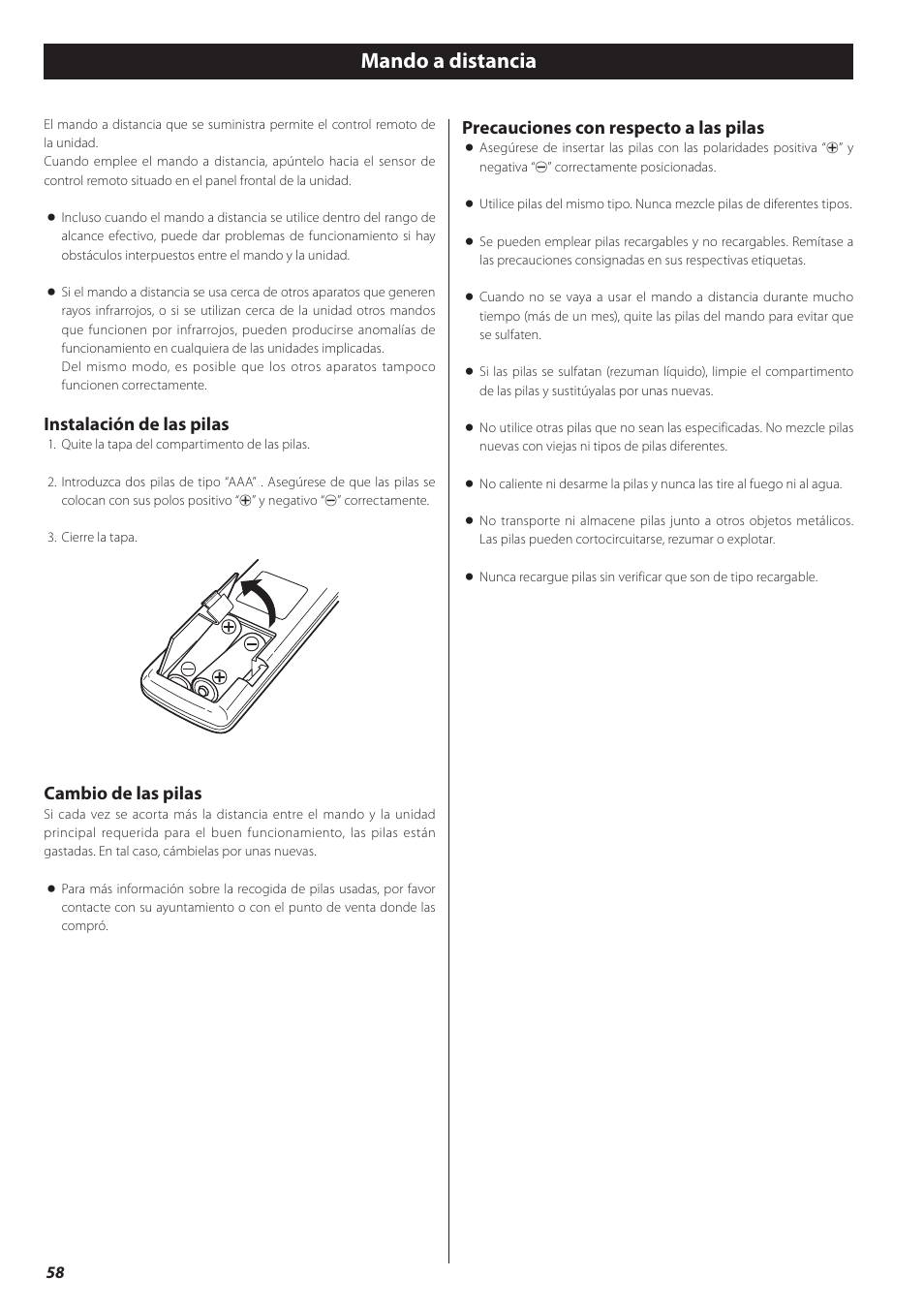 Mando a distancia, Instalación de las pilas, Cambio de las pilas | Precauciones con respecto a las pilas | Teac CD-P650 User Manual | Page 58 / 76