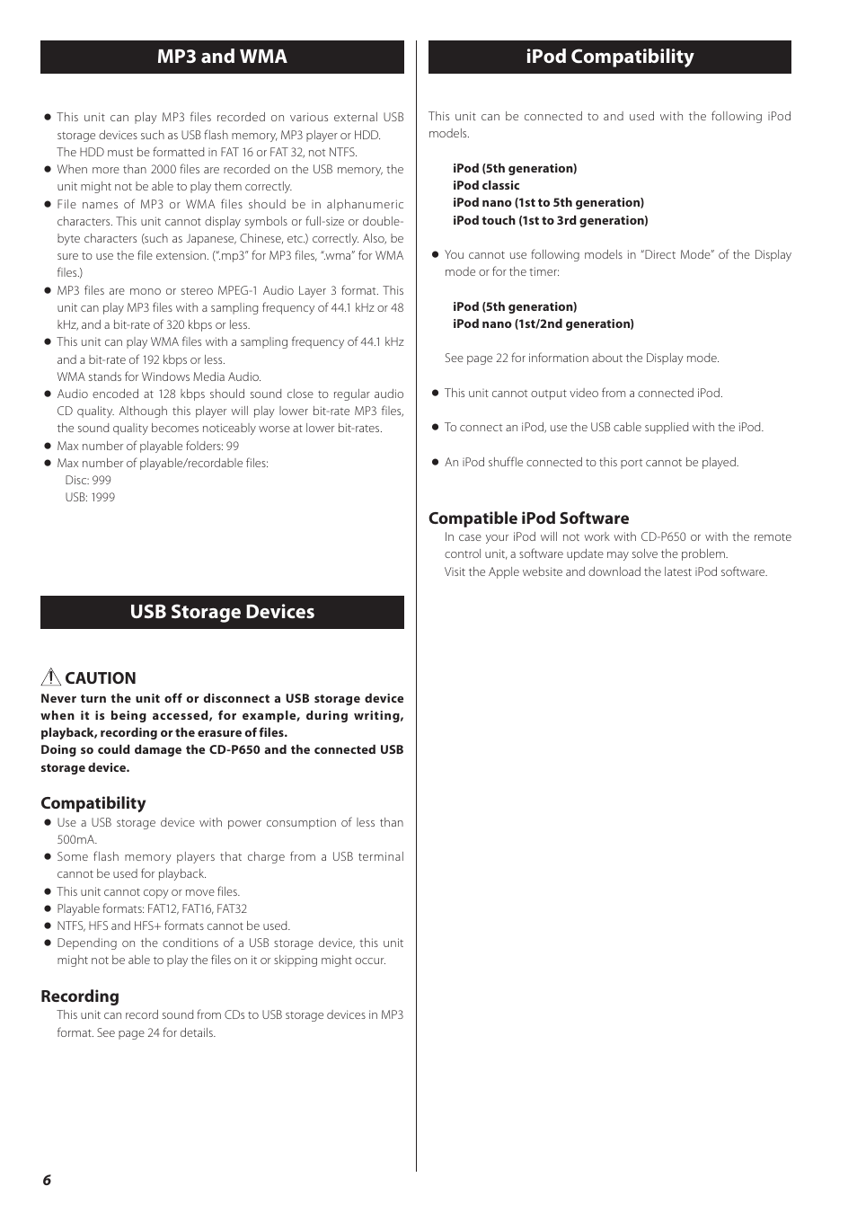 Mp3 and wma, Ipod compatibility usb storage devices, Compatible ipod software | Caution, Compatibility, Recording | Teac CD-P650 User Manual | Page 6 / 76