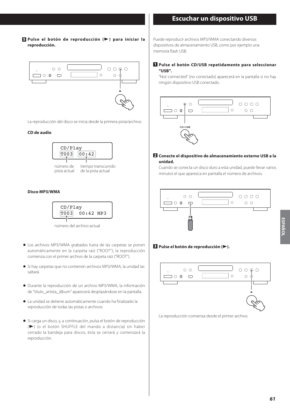 Escuchar un dispositivo usb | Teac CD-P650 User Manual | Page 61 / 76