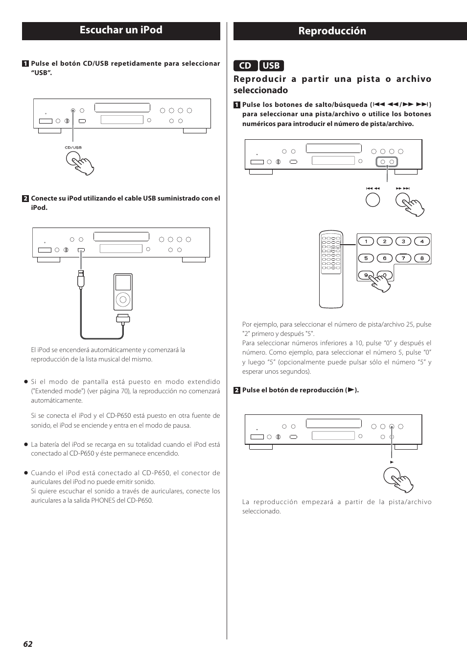 Escuchar un ipod reproducción | Teac CD-P650 User Manual | Page 62 / 76