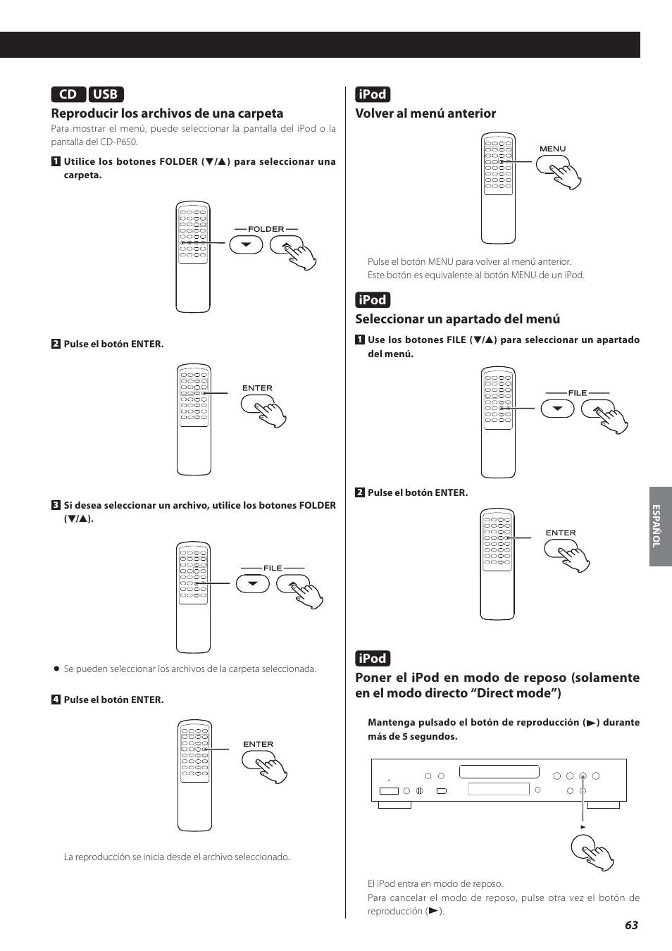 Ipod, Volver al menú anterior, Seleccionar un apartado del menú | Usb reproducir los archivos de una carpeta | Teac CD-P650 User Manual | Page 63 / 76