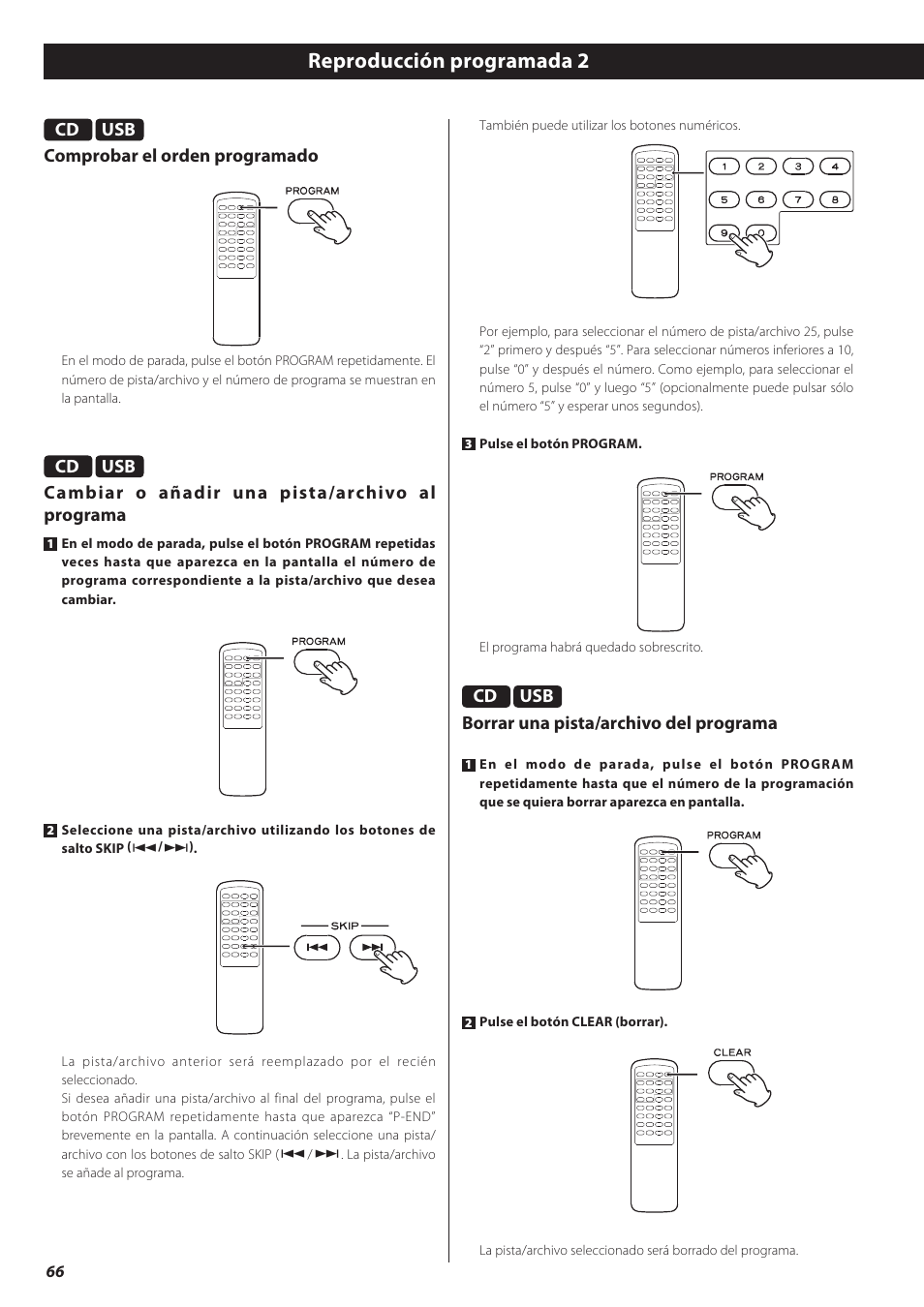 Reproducción programada 2, Usb comprobar el orden programado, Usb cambiar o añadir una pista/archivo al programa | Usb borrar una pista/archivo del programa | Teac CD-P650 User Manual | Page 66 / 76