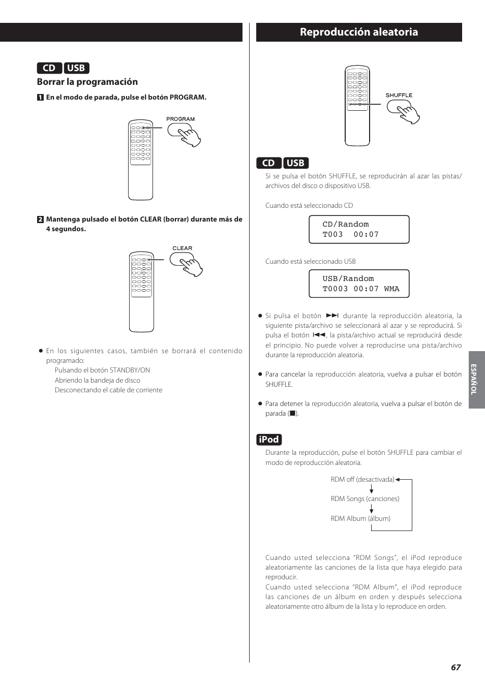 Reproducción aleatoria, Ipod, Usb borrar la programación | Teac CD-P650 User Manual | Page 67 / 76