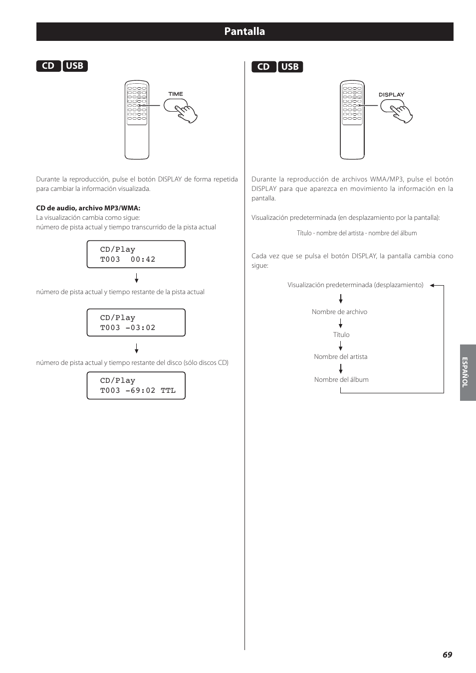 Pantalla | Teac CD-P650 User Manual | Page 69 / 76