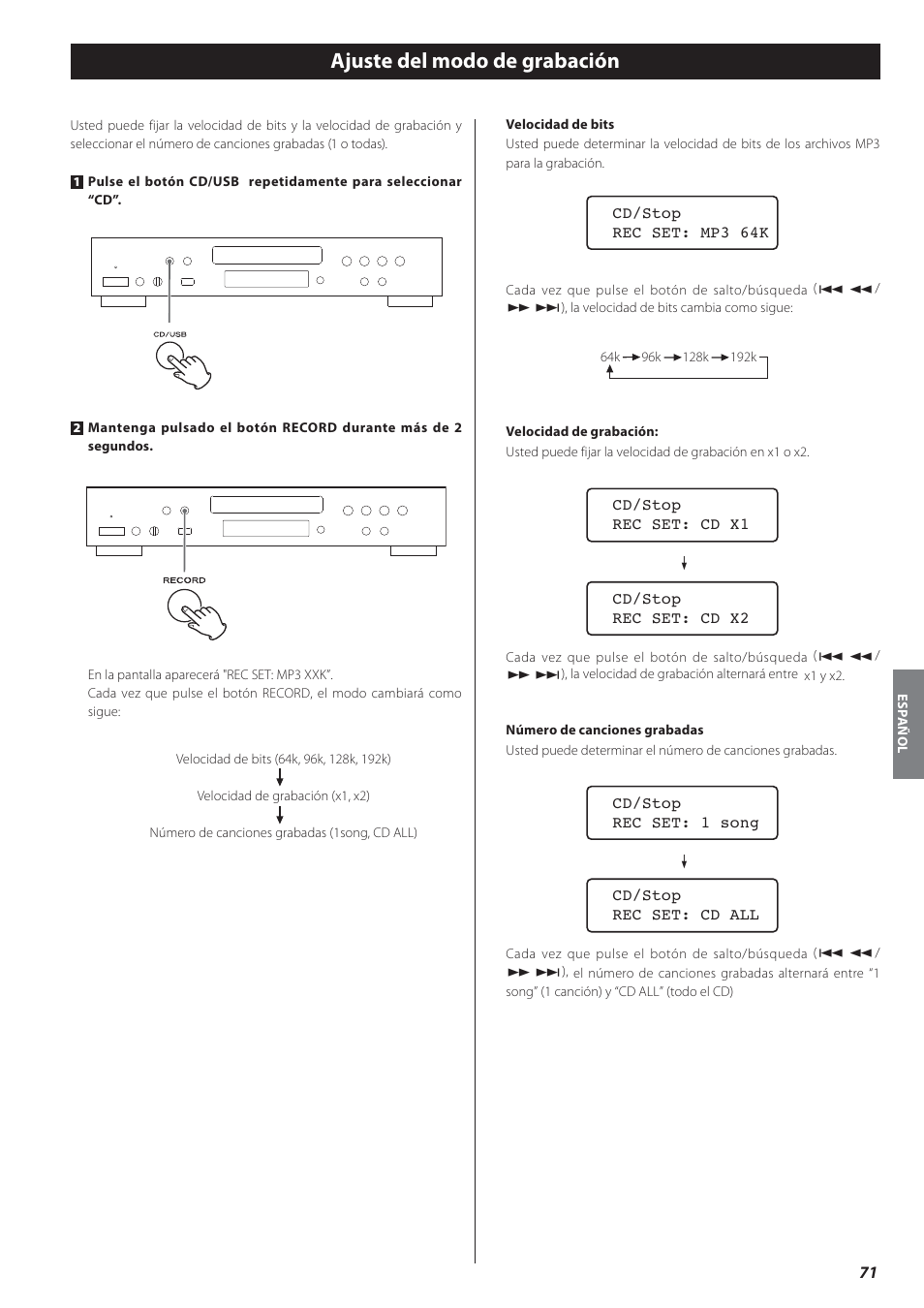 Ajuste del modo de grabación | Teac CD-P650 User Manual | Page 71 / 76