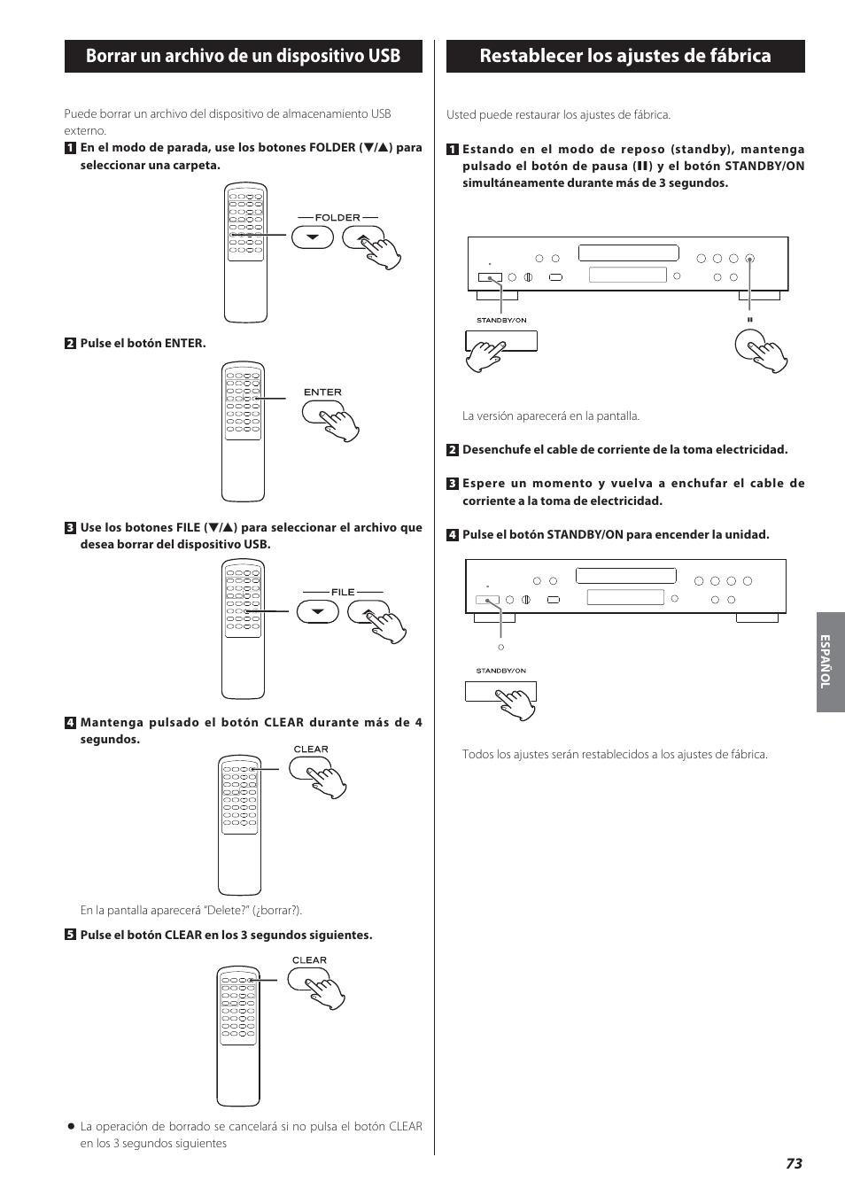 Borrar un archivo de un dispositivo usb, Restablecer los ajustes de fábrica | Teac CD-P650 User Manual | Page 73 / 76
