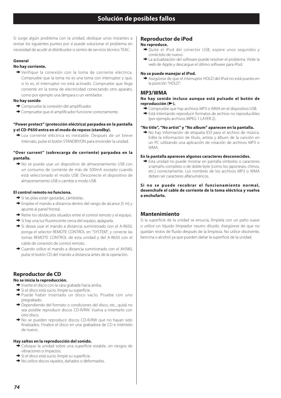 Solución de posibles fallos, Reproductor de cd, Reproductor de ipod | Mp3/wma, Mantenimiento | Teac CD-P650 User Manual | Page 74 / 76