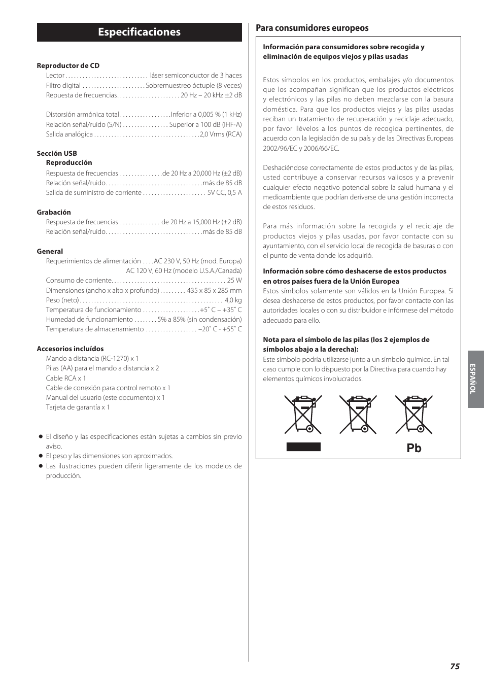 Especificaciones, Para consumidores europeos | Teac CD-P650 User Manual | Page 75 / 76