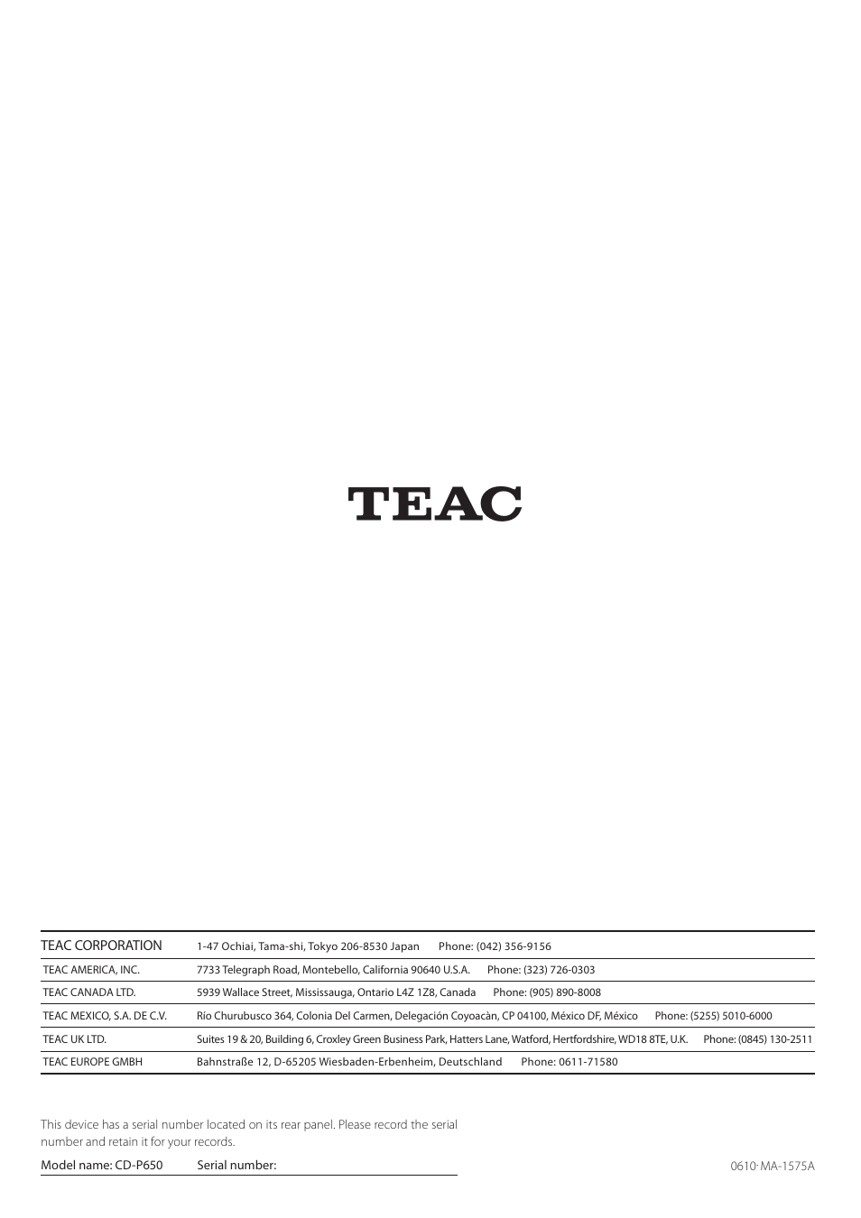 Teac CD-P650 User Manual | Page 76 / 76