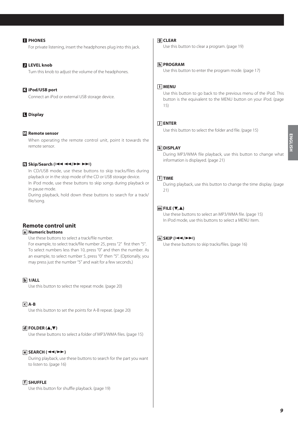 Remote control unit | Teac CD-P650 User Manual | Page 9 / 76