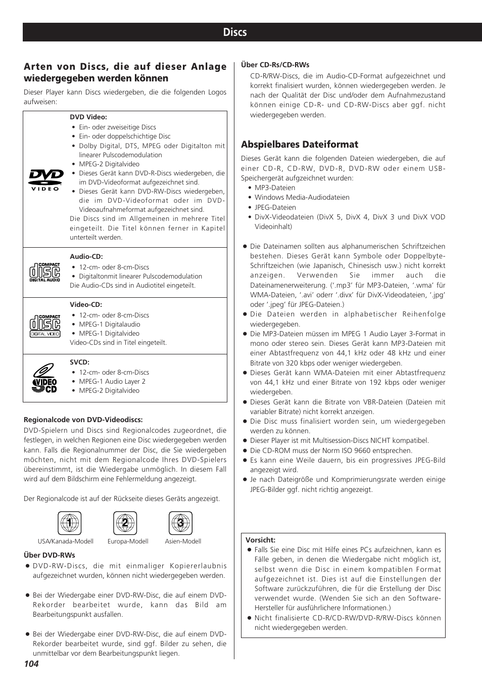Discs, Abspielbares dateiformat | Teac DR-H300 User Manual | Page 104 / 136