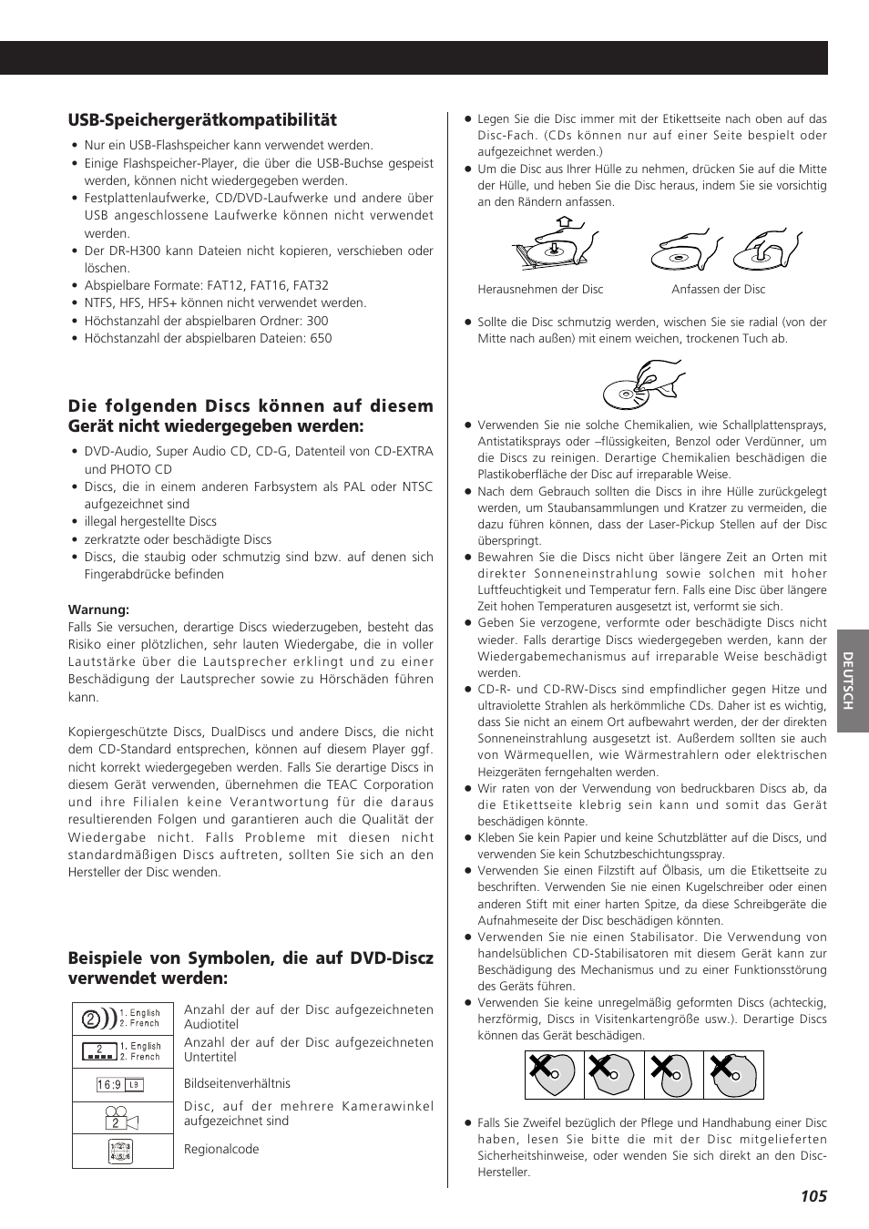 Usb-speichergerätkompatibilität | Teac DR-H300 User Manual | Page 105 / 136