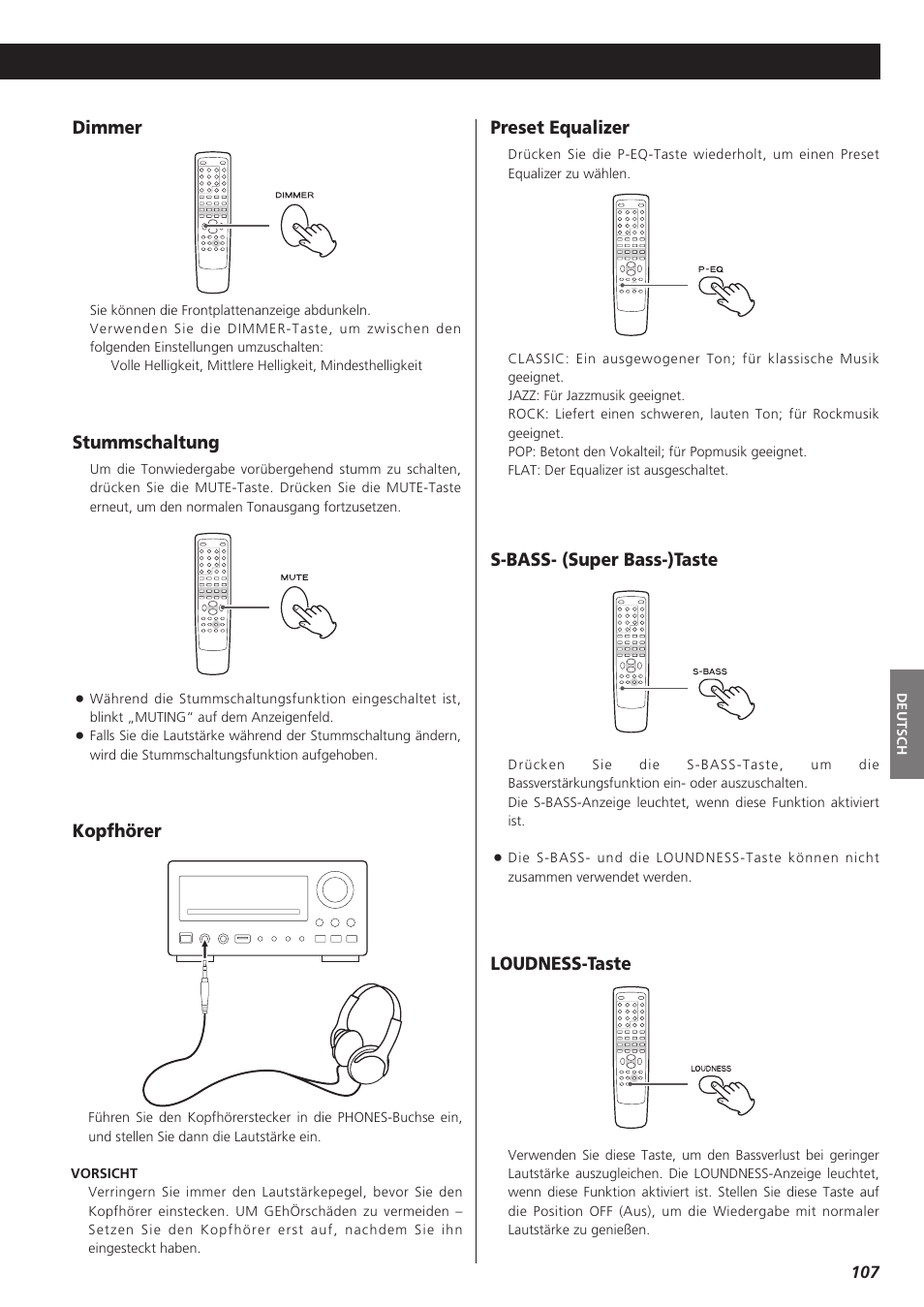 Preset equalizer, Kopfhörer stummschaltung, Dimmer | Loudness-taste s-bass- (super bass-)taste | Teac DR-H300 User Manual | Page 107 / 136