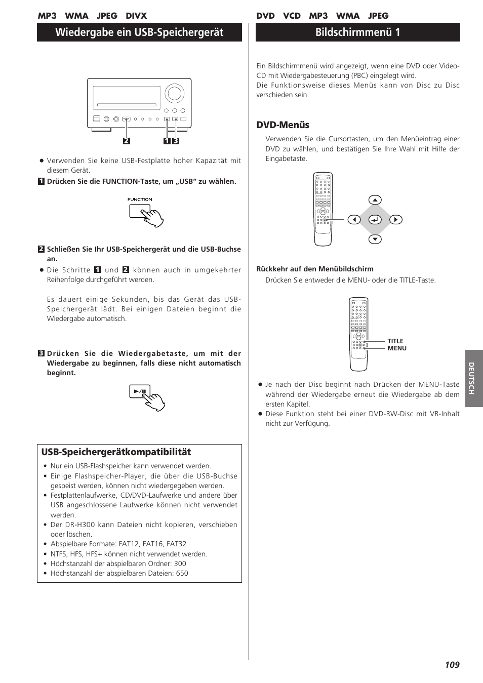 Bildschirmmenü 1, Wiedergabe ein usb-speichergerät, Dvd-menüs | Usb-speichergerätkompatibilität | Teac DR-H300 User Manual | Page 109 / 136