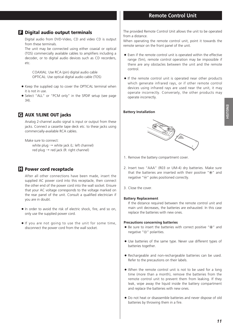 Remote control unit, Digital audio output terminals, Aux 1/line out jacks | Power cord receptacle, Hg f | Teac DR-H300 User Manual | Page 11 / 136