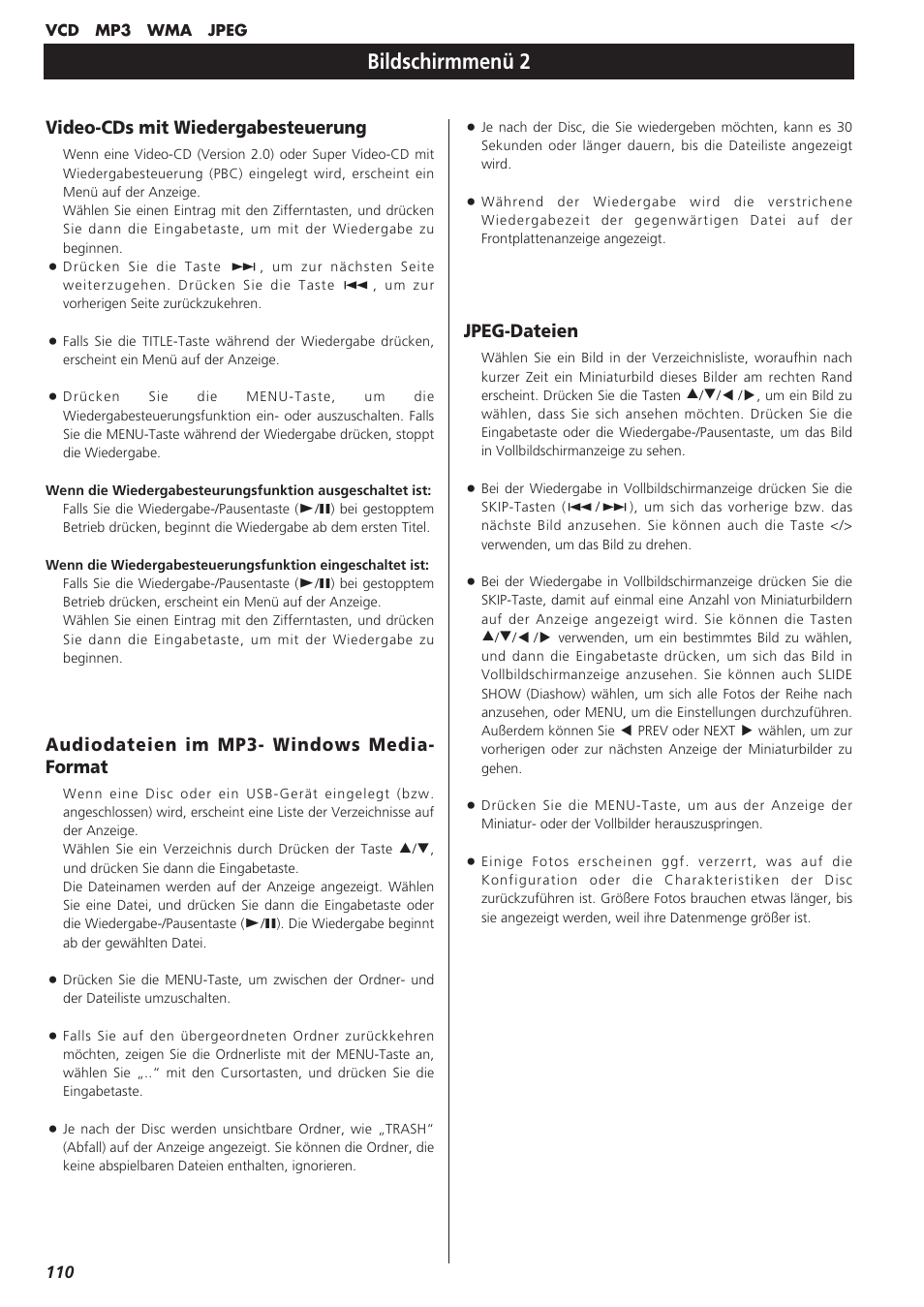 Bildschirmmenü 2, Jpeg-dateien, Audiodateien im mp3- windows media- format | Video-cds mit wiedergabesteuerung | Teac DR-H300 User Manual | Page 110 / 136