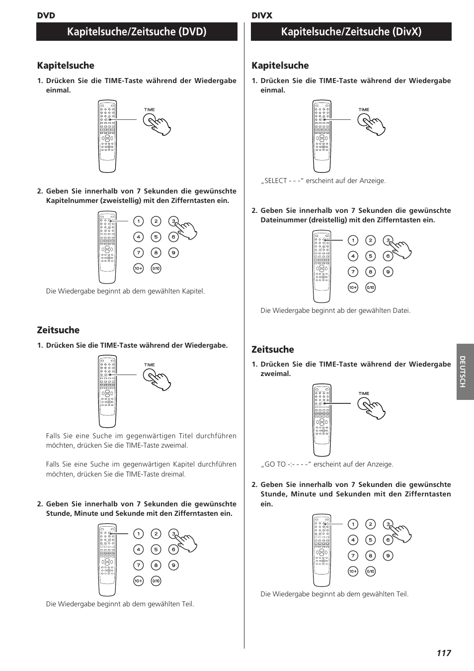Kapitelsuche/zeitsuche (dvd), Kapitelsuche/zeitsuche (divx), Kapitelsuche | Zeitsuche | Teac DR-H300 User Manual | Page 117 / 136