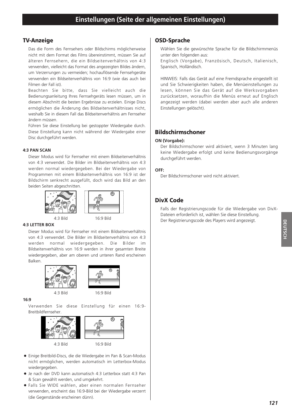 Tv-anzeige, Osd-sprache, Bildschirmschoner | Divx code | Teac DR-H300 User Manual | Page 121 / 136