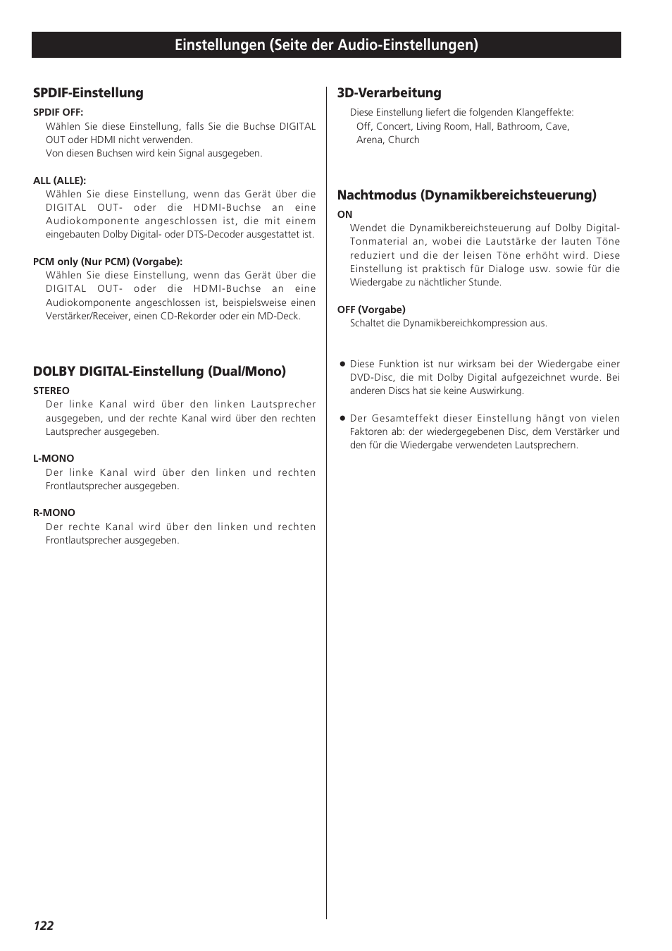 Einstellungen (seite der audio-einstellungen), Spdif-einstellung, Dolby digital-einstellung (dual/mono) | 3d-verarbeitung, Nachtmodus (dynamikbereichsteuerung) | Teac DR-H300 User Manual | Page 122 / 136