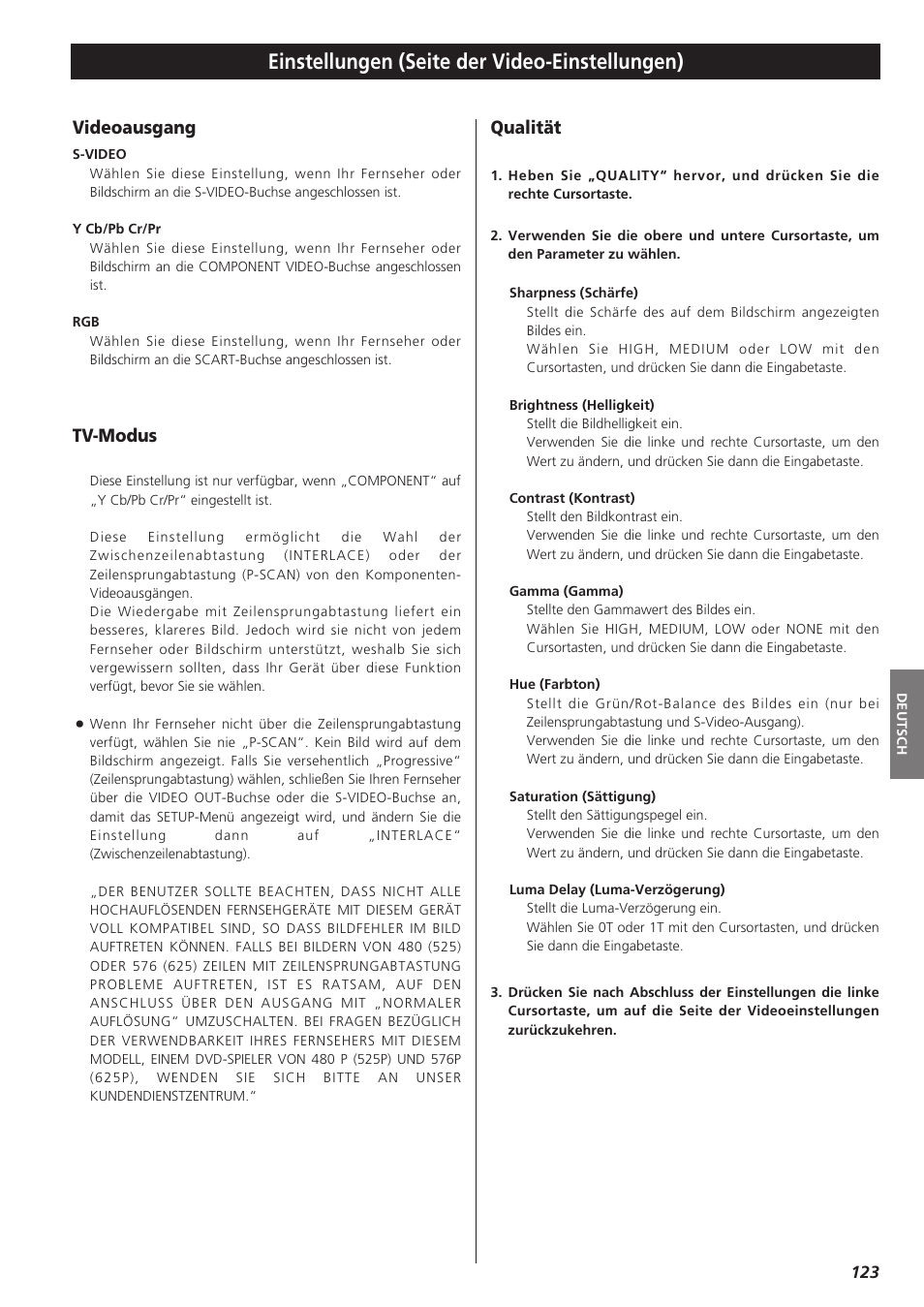 Einstellungen (seite der video-einstellungen), Videoausgang, Tv-modus | Qualität | Teac DR-H300 User Manual | Page 123 / 136