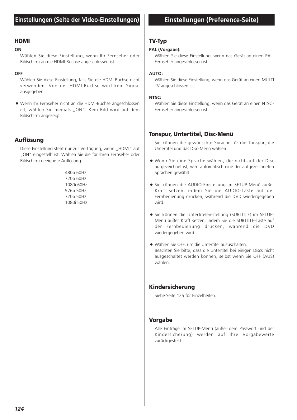 Einstellungen (preference-seite), Einstellungen (seite der video-einstellungen), Hdmi | Auflösung, Tv-typ, Tonspur, untertitel, disc-menü, Kindersicherung, Vorgabe | Teac DR-H300 User Manual | Page 124 / 136