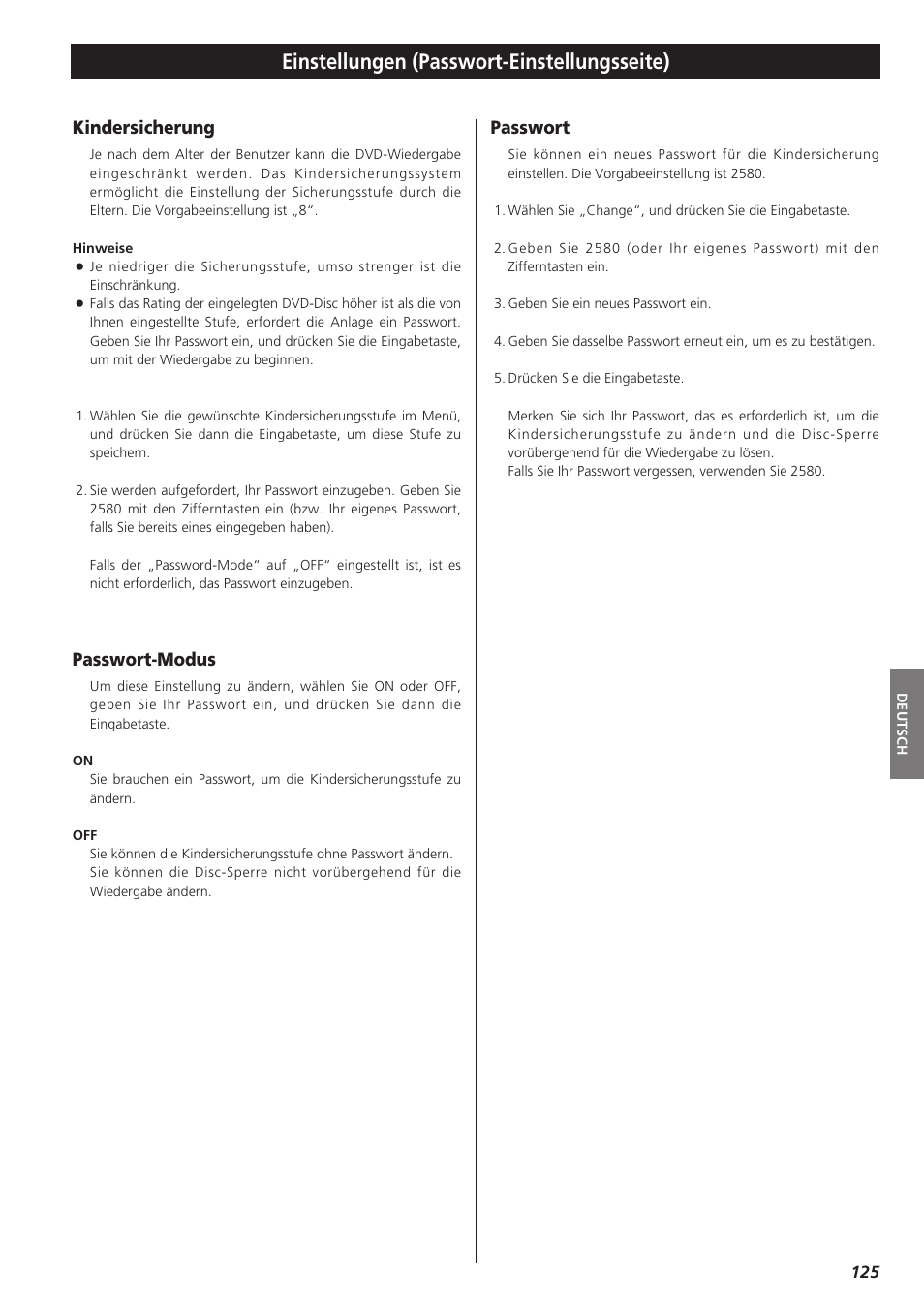 Einstellungen (passwort-einstellungsseite), Kindersicherung, Passwort-modus | Passwort | Teac DR-H300 User Manual | Page 125 / 136