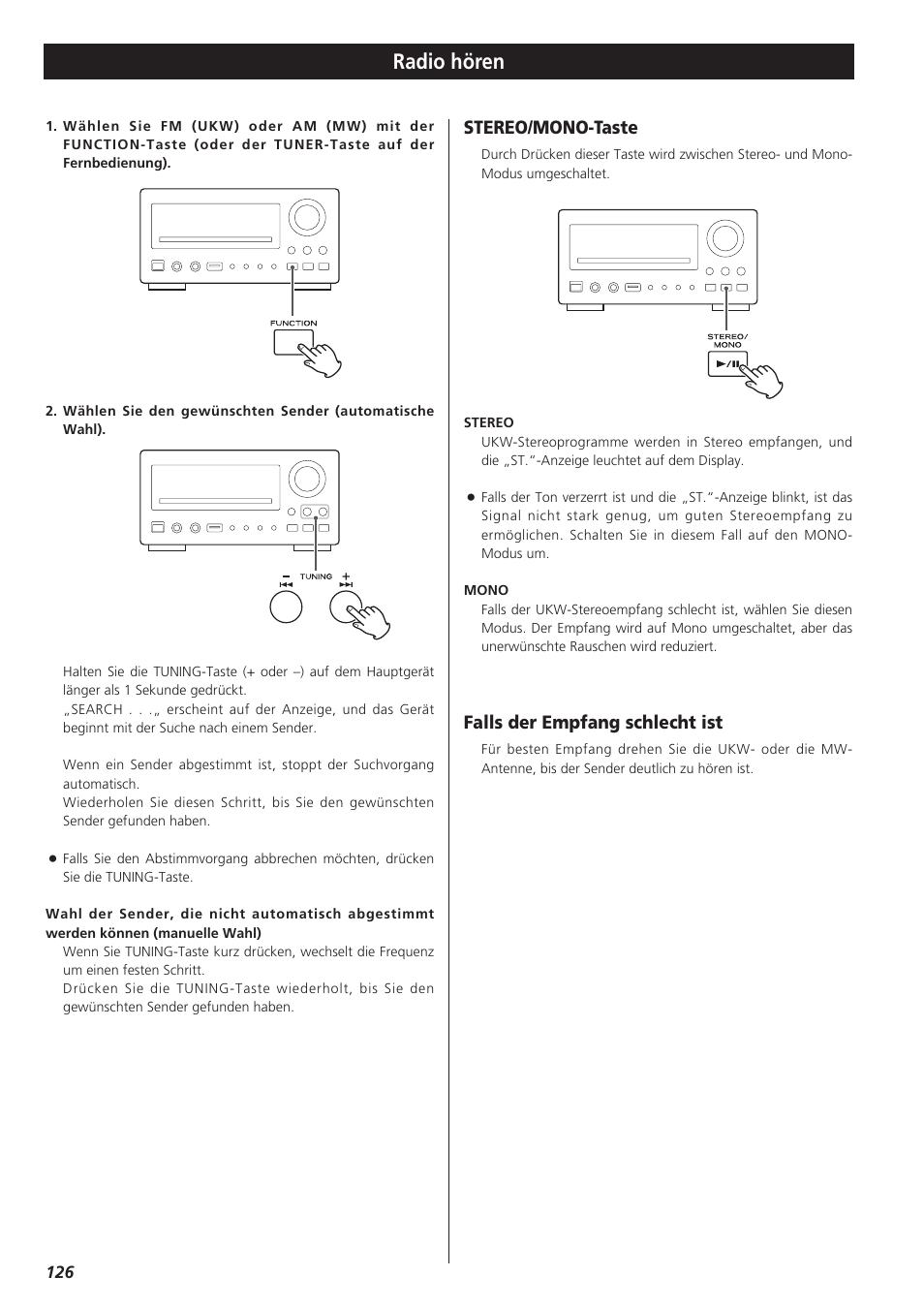 Radio hören, Falls der empfang schlecht ist, Stereo/mono-taste | Teac DR-H300 User Manual | Page 126 / 136