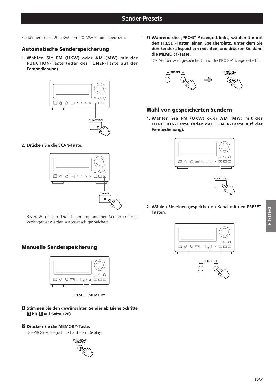 Sender-presets, Automatische senderspeicherung, Manuelle senderspeicherung | Wahl von gespeicherten sendern | Teac DR-H300 User Manual | Page 127 / 136