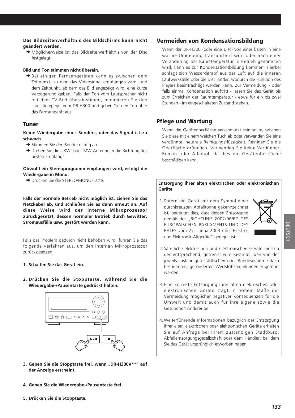 Tuner, Vermeiden von kondensationsbildung, Pflege und wartung | Teac DR-H300 User Manual | Page 133 / 136