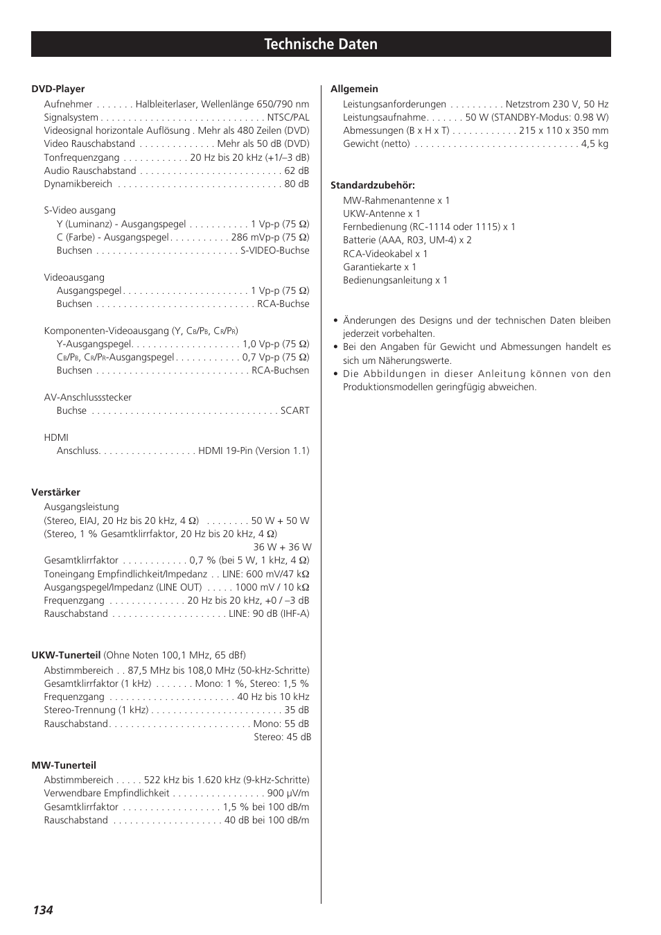 Technische daten | Teac DR-H300 User Manual | Page 134 / 136