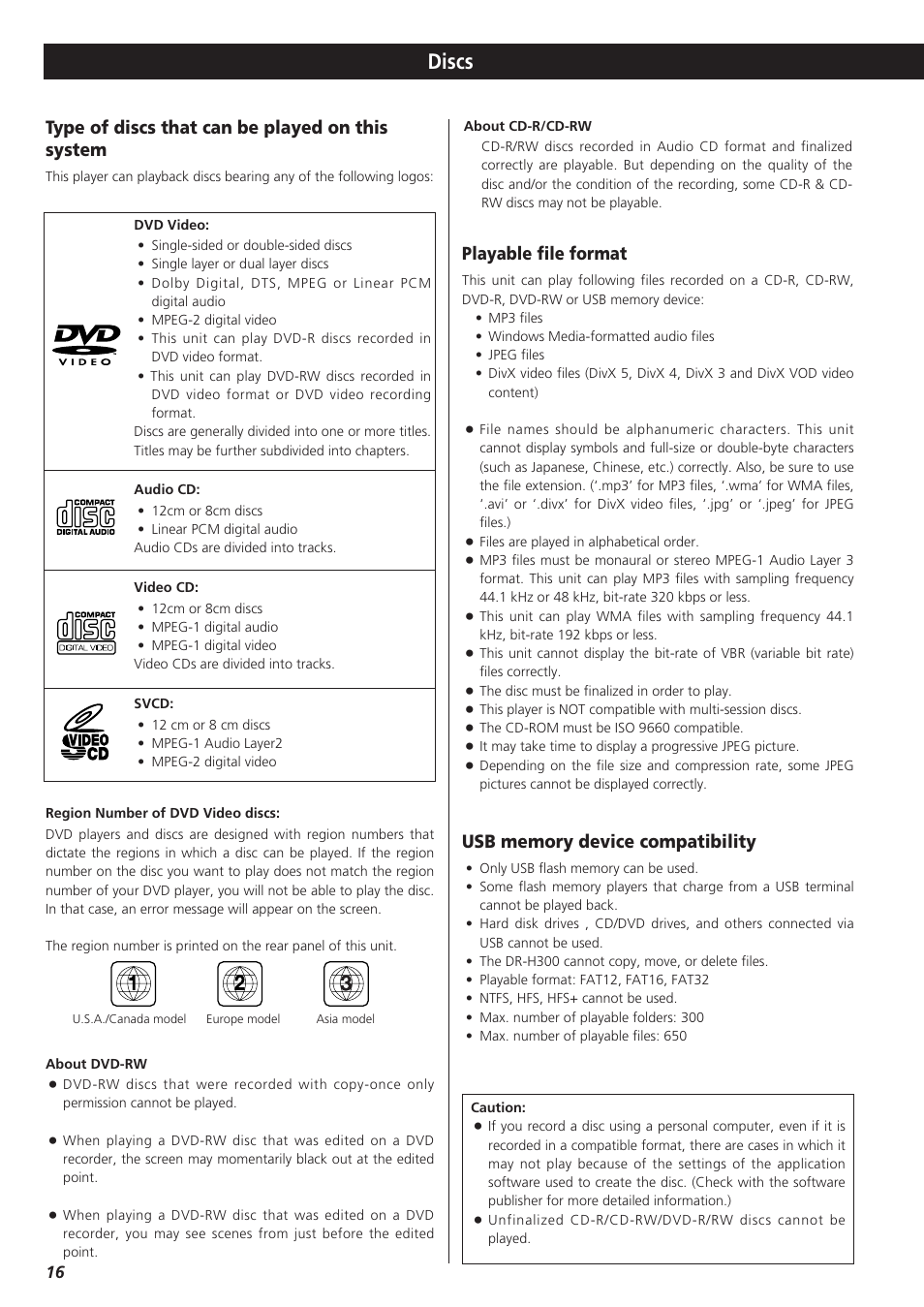Discs, Type of discs that can be played on this system, Playable file format | Teac DR-H300 User Manual | Page 16 / 136