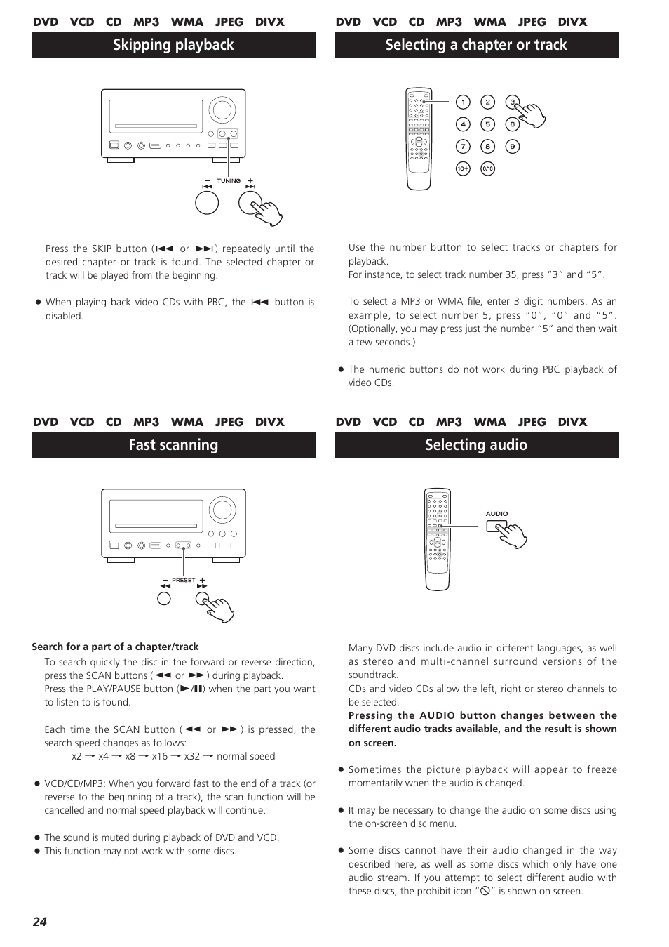 Fast scanning, Skipping playback, Selecting a chapter or track | Selecting audio | Teac DR-H300 User Manual | Page 24 / 136