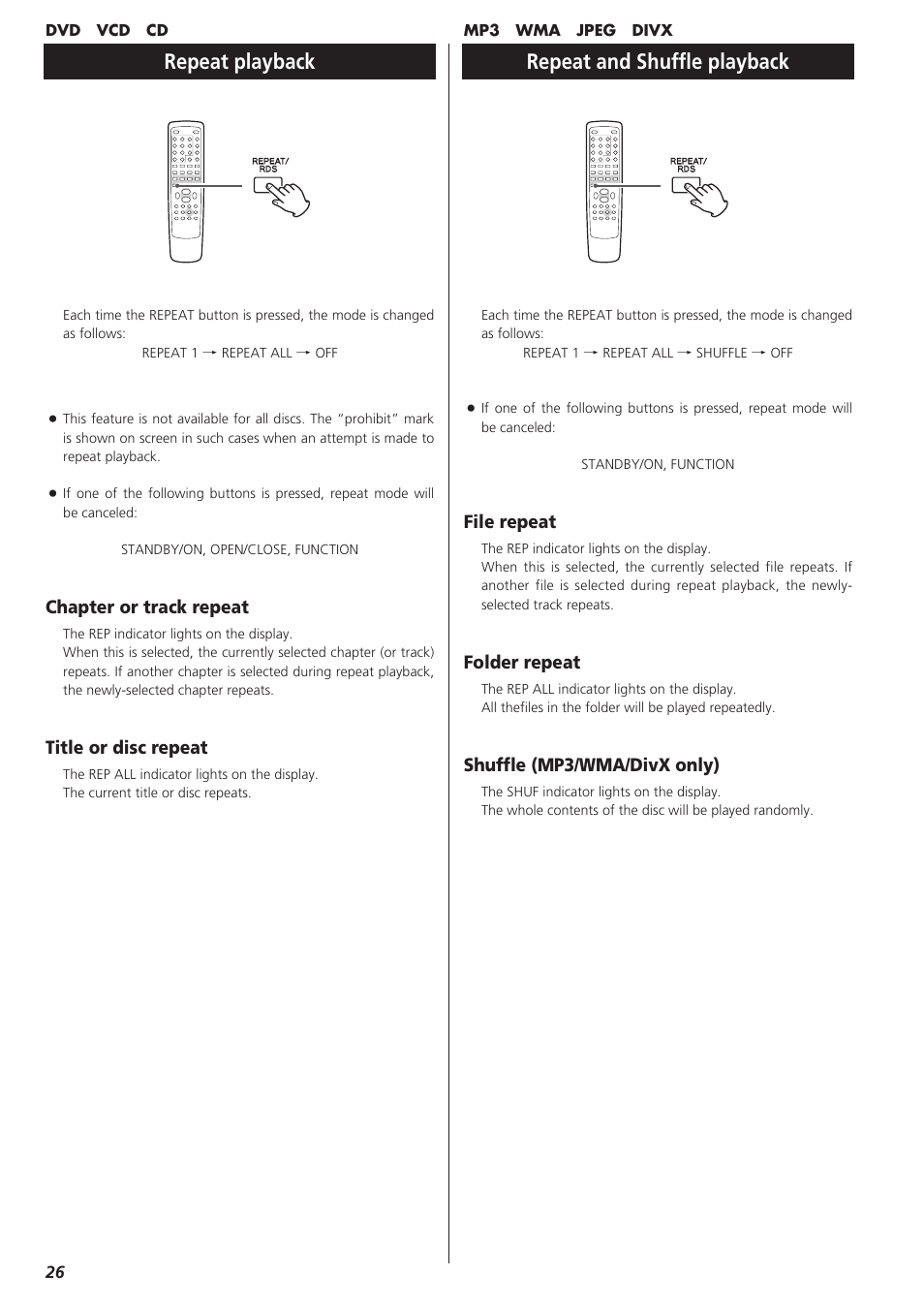 Repeat playback, Repeat and shuffle playback | Teac DR-H300 User Manual | Page 26 / 136