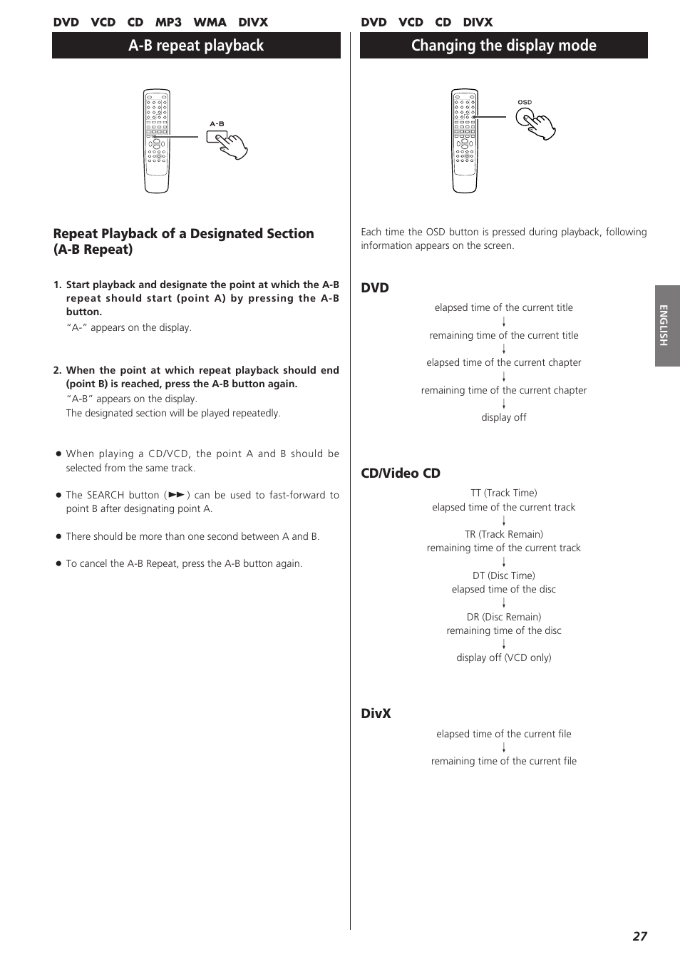 A-b repeat playback, Changing the display mode, Cd/video cd | Divx | Teac DR-H300 User Manual | Page 27 / 136