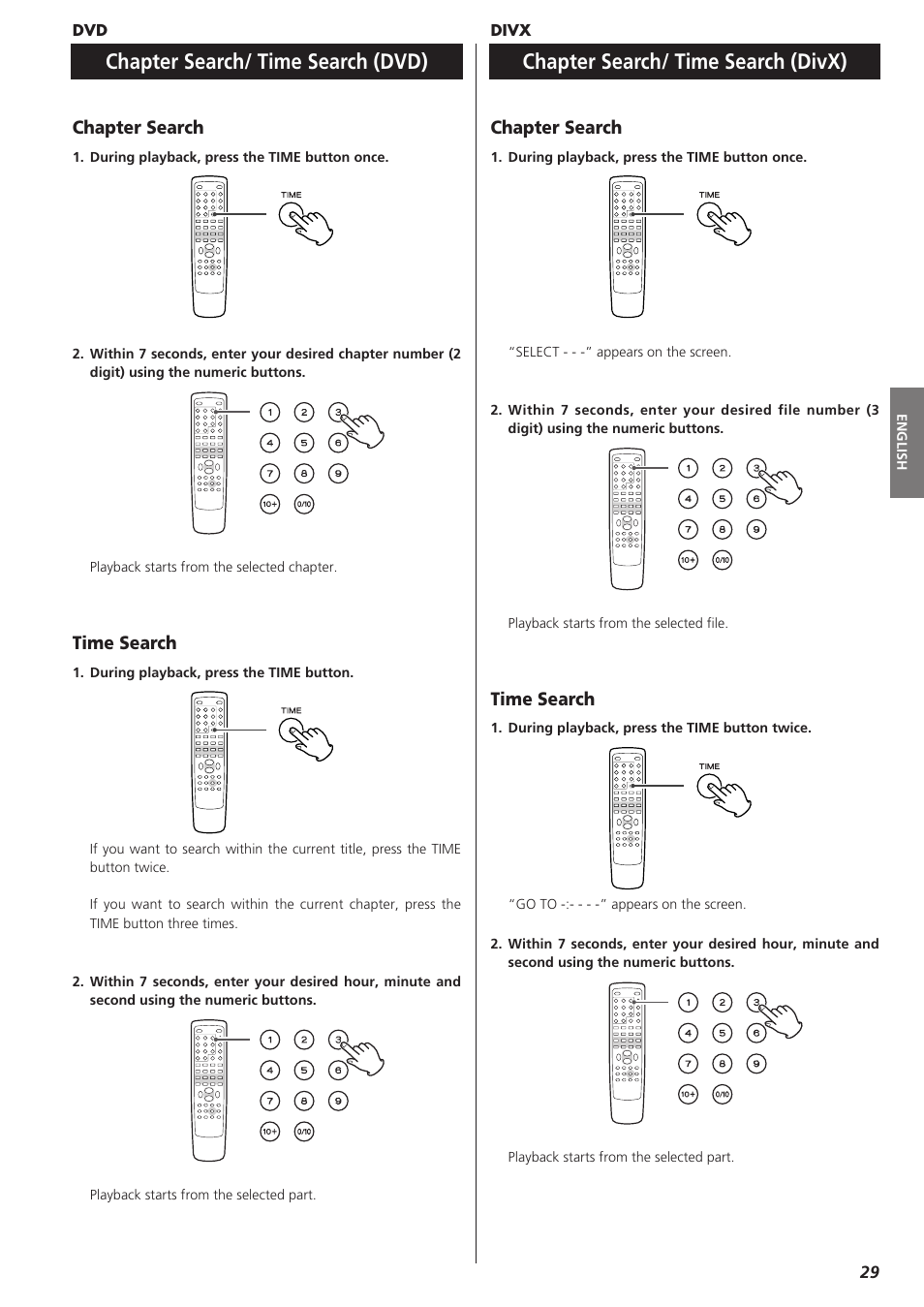 Chapter search/ time search (dvd), Chapter search/ time search (divx), Chapter search | Time search | Teac DR-H300 User Manual | Page 29 / 136