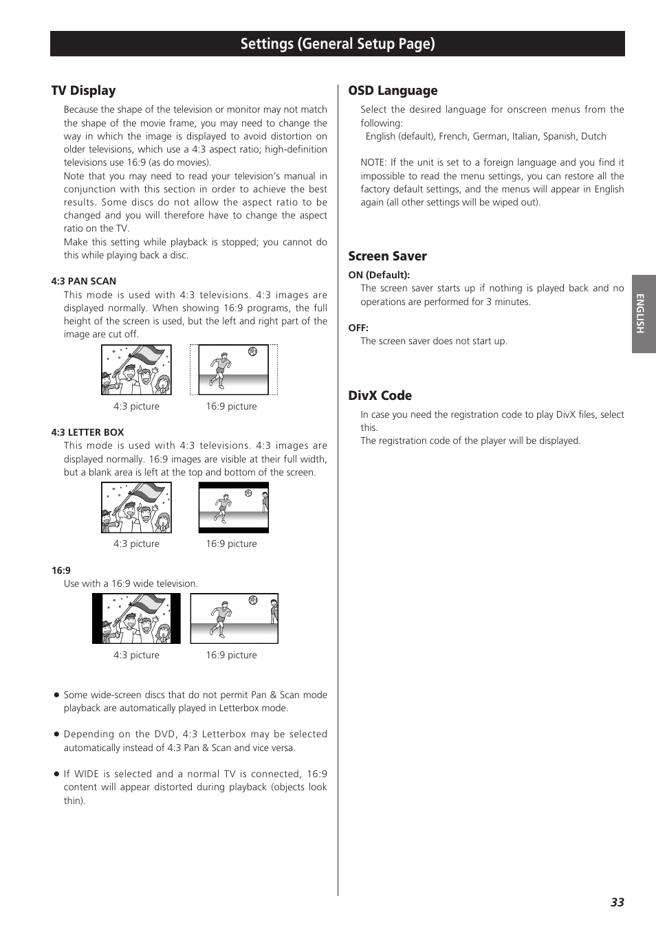 Settings (general setup page), Tv display, Osd language | Screen saver, Divx code | Teac DR-H300 User Manual | Page 33 / 136