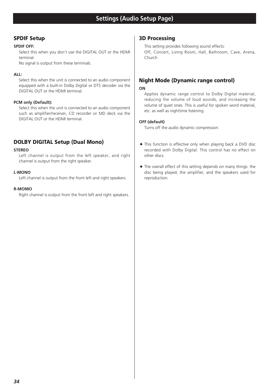 Settings (audio setup page), Spdif setup, Dolby digital setup (dual mono) | 3d processing, Night mode (dynamic range control) | Teac DR-H300 User Manual | Page 34 / 136