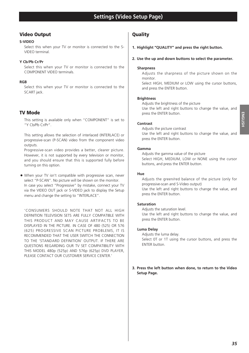 Settings (video setup page), Video output, Tv mode | Quality | Teac DR-H300 User Manual | Page 35 / 136